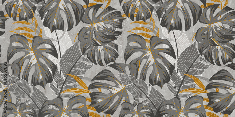 Print Abstract luxury art background with tropical palm leaves in blue ...