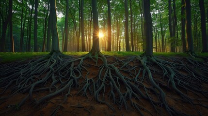 Wall Mural - Enchanted forest sunrise with tree roots