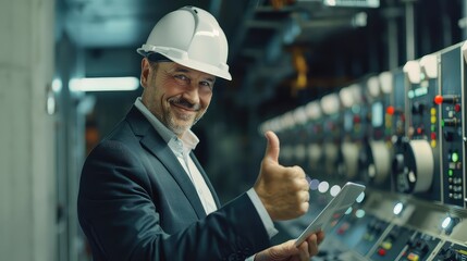 Wall Mural - Supervisor in business attire and helmet, expressing satisfaction with a thumbs-up while using a tablet to monitor power plant performance at the control panel. 