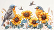 colored sunflowers and birds on a white background