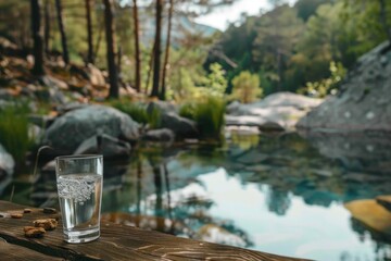 Poster - A glass of water on a wooden table. Suitable for various concepts