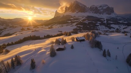 Poster - Beautiful sunset over a snowy mountain range, perfect for travel or nature themes