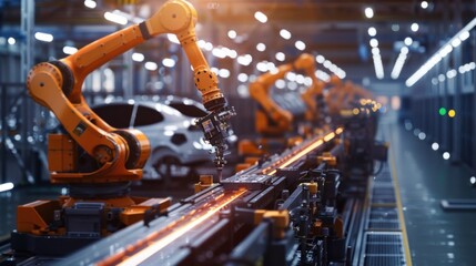 Car production line with robot arms in a car factory, a photo of a modern automotive plant using robotic arms to build cars on the assembly lines, side view