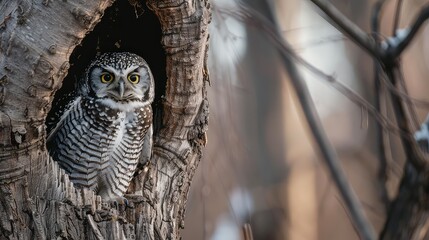 Wall Mural - Dynamic composition of a Northern hawk-owl perched on the edge of a tree hollow, its keen gaze and majestic presence adding a sense of drama to the serene setting. 