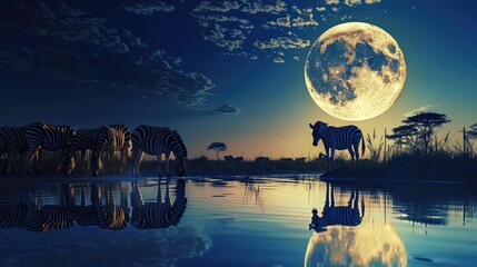 Wall Mural - Enthralling image of zebras drinking from a waterhole under the glow of a full moon, their silhouettes bathed in the soft light as they quench their thirst under the night sky. 