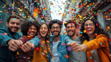 A happy diverse team of startup business people celebrate their business success amidst confetti