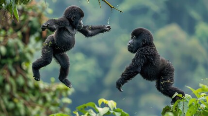 Canvas Print - Dynamic shot of juvenile mountain gorillas engaged in a spirited game of tag while dangling from the branches, showcasing their playful nature. 