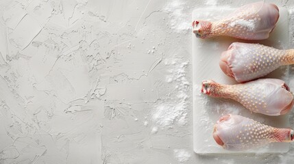 Wall Mural - Raw chicken drumsticks on a white cutting board top view with copy space