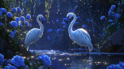 Fantasy magical fairy tale scene with two flamingo couple standing in lake couple of beautiful birds