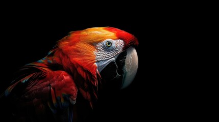 Wall Mural - An atmospheric portrait of a scarlet macaw (Ara macao) making direct eye contact with the camera, its bold colors and inquisitive gaze adding depth and personality to this stunning stock photo.
