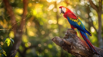 Wall Mural - A dynamic image featuring a scarlet macaw perched atop a weathered tree branch, its colorful plumage glowing in the dappled sunlight filtering through the dense rainforest canopy.