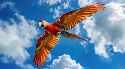 Wall Mural - A dynamic photo featuring a scarlet macaw in mid-flight, its vibrant plumage and graceful wingspan captured against a backdrop of blue sky and fluffy white clouds.