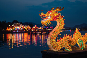 Dragon is lit up at night during chinese new year. Dragons are the most favourite symbols of Chinese