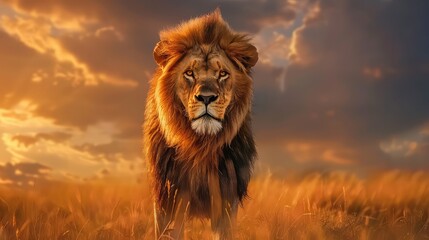 Wall Mural - An inspiring image showcasing the majestic presence of a lion in its entirety, with its powerful stance and noble expression captured against a mesmerizing background.