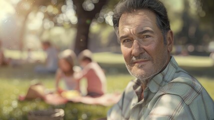 Wall Mural - The close up focus picture of the father with his family sitting and relaxing at the park to setting up a picnic, the old man with the blur background of his family at park with the happiness. AIG43.