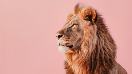 Wall Mural - An engaging photo capturing the powerful presence of a lion against a delicate pink backdrop, offering a serene and elegant option for a high-resolution 4K wallpaper. 