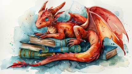 Cheerful dragon reading books watercolor illustration