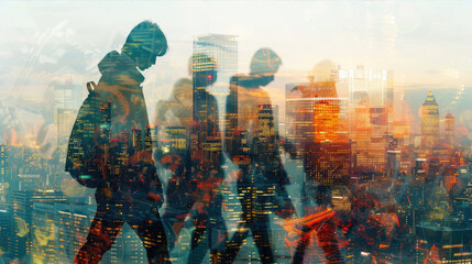 Double exposure of people using various gadgets against the backdrop of a modern city, skyscrapers with lit lights at dusk