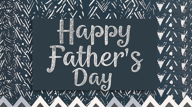 A chic Father's Day card with 'Happy Father's Day' in metallic silver text on a dark gray background, featuring simple white and gray chevron patterns