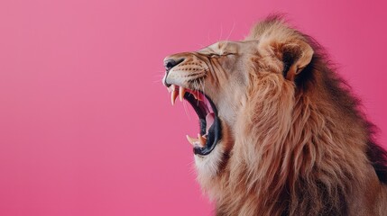 Wall Mural - A striking stock photo capturing the majestic mouth of a lion against a vibrant pink background, ideal for a high-resolution 4K wallpaper. 