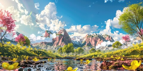 Canvas Print - An engaging stock photo featuring a colorful landscape filled with lush trees, pink mountains, and floating flowers, set against a serene blue sky with fluffy white clouds, creating a tranquil.