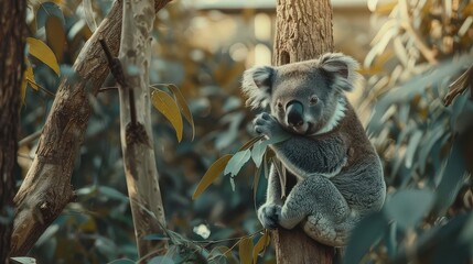 Canvas Print - An inspiring image showcasing the tranquility of a koala bear in its natural habitat, peacefully seated on a tree branch and nibbling on leaves, making it a serene choice for a 4K wallpaper.