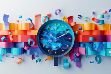 Craft a dynamic side-view illustration showcasing a colorful countdown clock ticking down to a momentous graduation event Include intricate paper chains cascading in vibrant hues