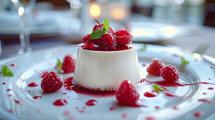 A delicious dessert with fresh raspberries and cream.