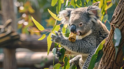 Poster - A dynamic image featuring a close-up view of a koala bear enjoying its favorite meal while perched on a tree branch, offering a captivating scene for a 4K wallpaper. 