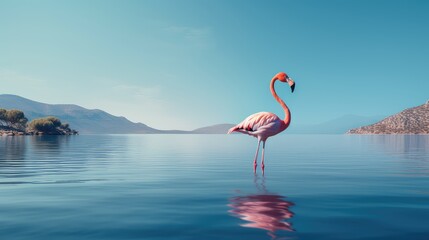 Wall Mural - A stunning stock photo capturing a solitary flamingo standing gracefully in the water against a backdrop of breathtaking natural scenery, perfect for a 4K wallpaper. 