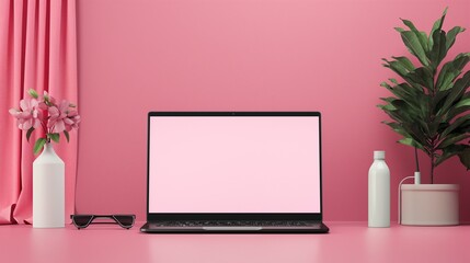 Wall Mural - A Laptop Computer With A Blank Screen On Pink Desk.