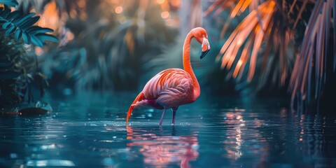 Wall Mural - An atmospheric shot capturing the tranquility of a flamingo standing in the water, with the majestic beauty of the natural environment making it a perfect fit for a 4K wallpaper. 