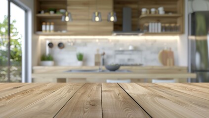 Wall Mural - Empty beautiful wood table top on blur kitchen interior background in modern home.