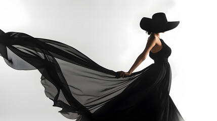 Woman Black Dress Fashion Elegant Lady in Hat Model Silhouette in Evening Long Black Gown Fluttering on Wind Isolated White : Generative AI