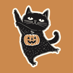Wall Mural - Halloween banner with tradition symbols. Black cat illustration.