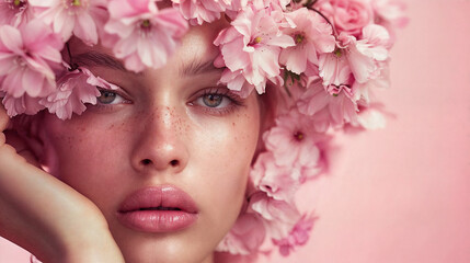 Wall Mural - Young woman model surrounded by pink flowers. In the style of fashion editorial. Face in flowers