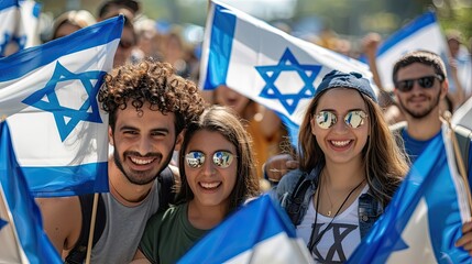 Poster - banner background of Israel Independence Day theme banner design for microstock, no text, and wide copy space, [A group of diverse people holding Israeli flags and smiling, representing unity