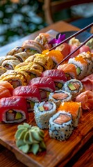 Wall Mural - A variety of sushi and sashimi on a wooden board. AI.