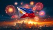 © Milano - Philippines independence day background with a large waving flag over city skyline and fireworks in the sky.