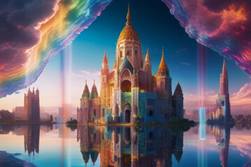 Wall Mural - Palace on the background of a multi colored sky