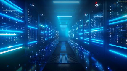 Wall Mural - An ultra-modern server room with glowing blue lights, advanced firewalls, and encrypted data flowing through networks. The background is dark blue. 8k, realistic, full ultra 