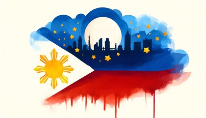 Wall Mural - Watercolor illustration celebrating the philippines independence day with philippine flag and city skyline.