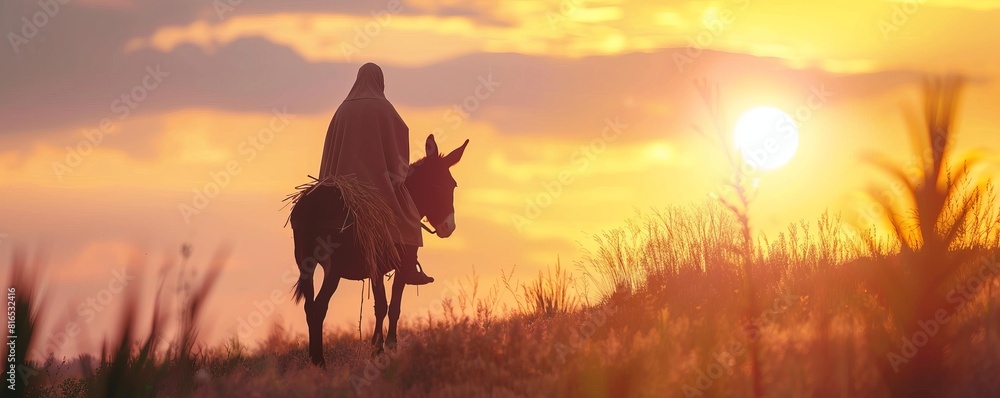 Palm Sunday concept: Silhouette Jesus Christ riding donkey on meadow ...