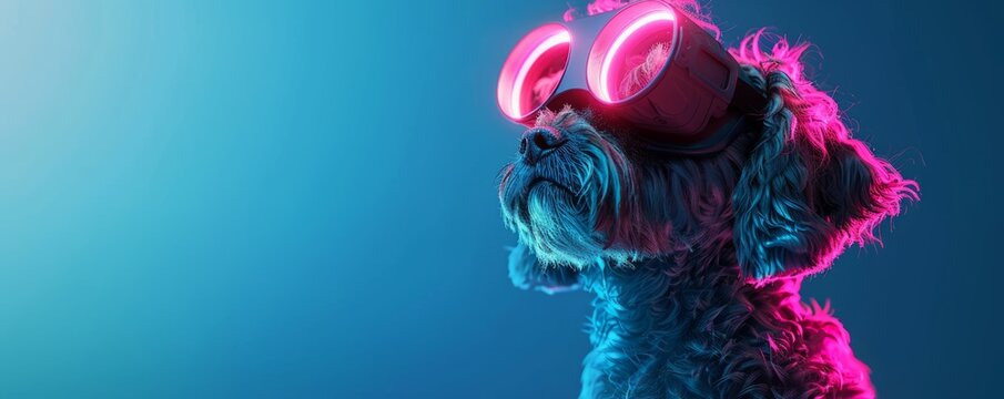 character Maltese Poodle dog in VR goggles illuminated with pink light against neon blue background