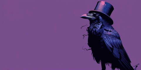 Crow in a top hat on a purple background. Place for text.