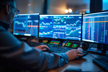 Wall Mural - A man is sitting in front of a computer monitor with multiple screens displaying financial data. He is typing on a keyboard, possibly working on a financial report or analyzing market trends