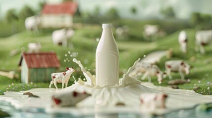 Wall Mural - Aerial View of Rustic Dairy Farm with Prominently Displayed Milk Bottle and Whimsical Splash Awaiting Custom Label Design