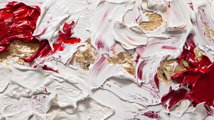 3d acrylic abstract painting on thick white impasto gold and red abstract elements background