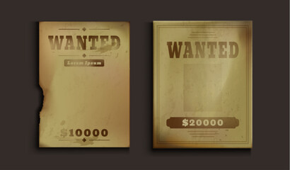 Wild west wanted posters set isolated on black background. Vector realistic illustration of old yellow paper sheets with blank space for text and photo, reward amount, western saloon design element