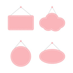 Wall Mural - Set of blank pastel pink with white stitch-edged hanging sign. Flat vector illustration.	